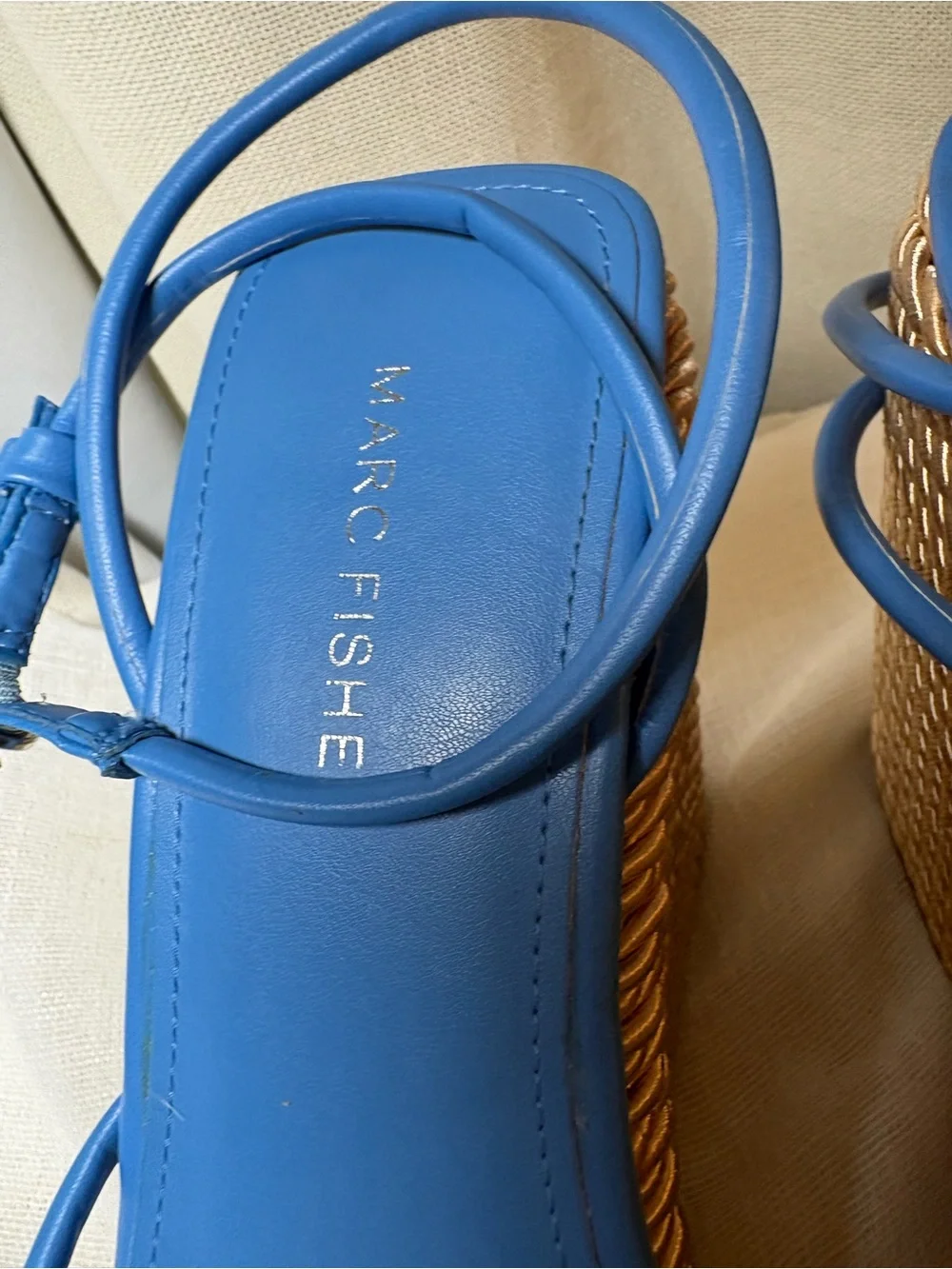 Marc Fisher Blue Strappy Platform Wedge Sandals 9M Gold Rope Resort NWOT